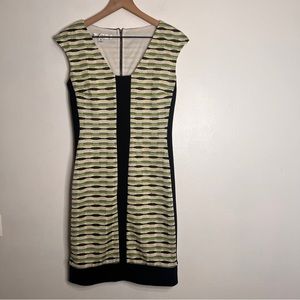 Maggie London Green Yellow Black Stripe Sheath Lightweight Cap Sleeve Dress